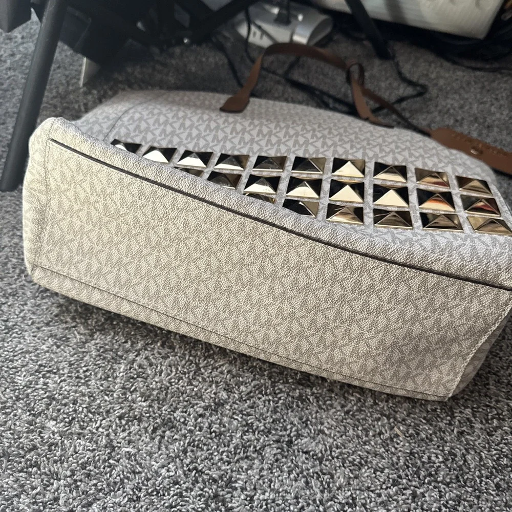 Michael Kors Brown Monogram Leather Sinclair Large Studded Tote